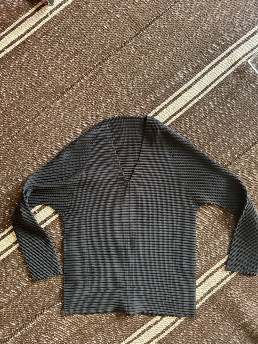 Issey Miyake Ribbed V-Neck Pleated Top in Black